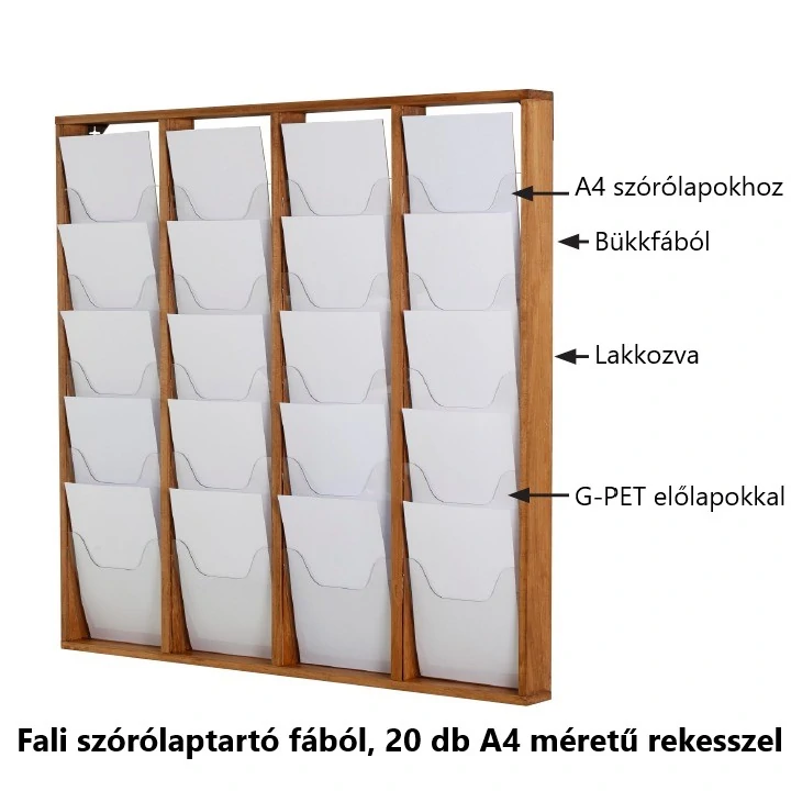 Fali szórólaptartó bükkfából, 20 db A4-es rekesszel