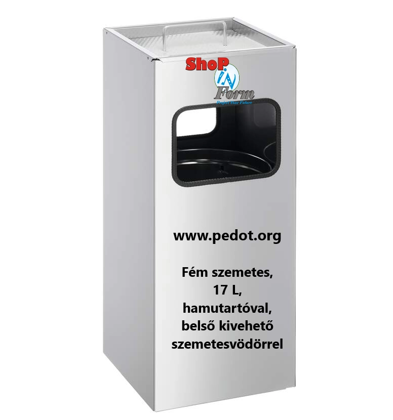 Fém szemetes kuka hamutartóval, 17 L űrtartalommal, kiemelhető hamutartótálcával, kivehető belső vödörrel, ezüst szürke