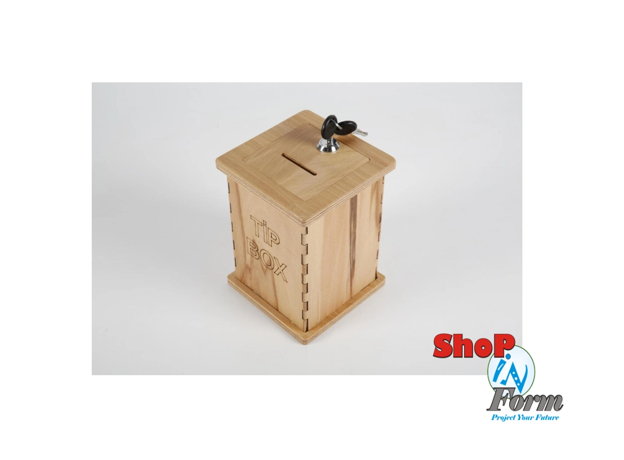 Zárható fa gyűjtődoboz kulccsal, természetes fa kivitelben, „TIP BOX” felirattal – ideális adományok, borravaló és szavazatok biztonságos gyűjtésére / Lockable wooden donation box with key, natural wood design with “TIP BOX” label – ideal for secure collection of tips, donations and ballots