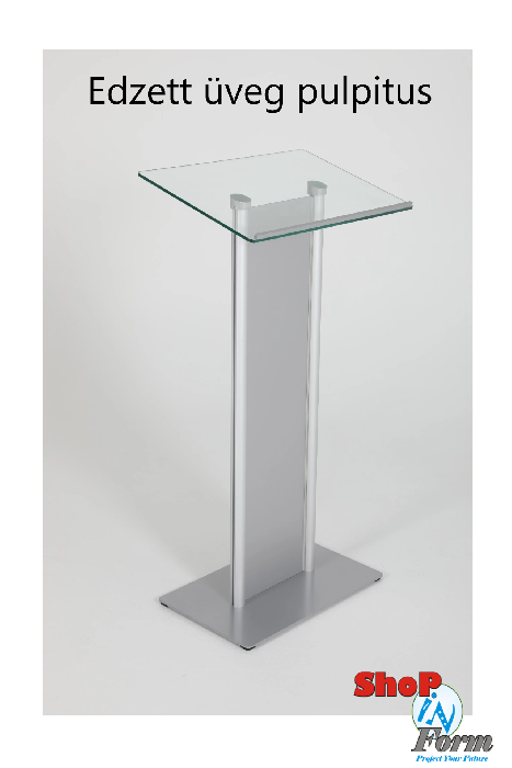 Edzett üveg előadói pulpitus, előlappal, ezüst színben