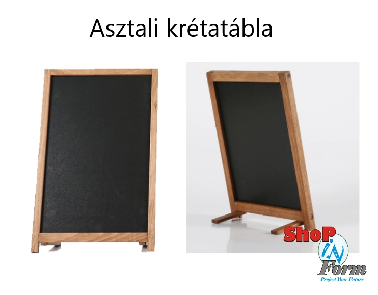 Krétával és krétafilccel írható asztali menütábla, fa kerettel és lábakkal