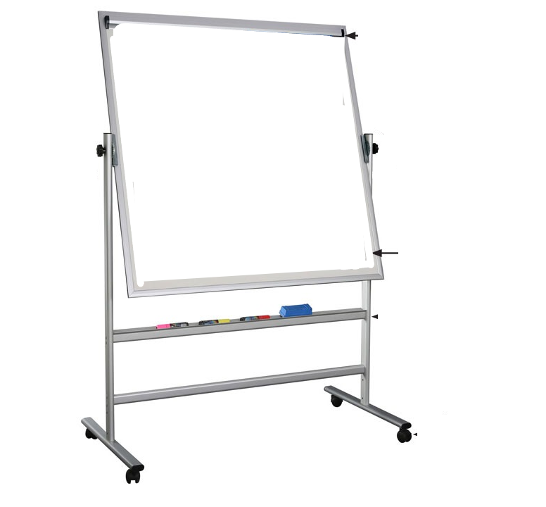 Guruló, fékezhető állványon álló fehér két oldalas whiteboard tábla