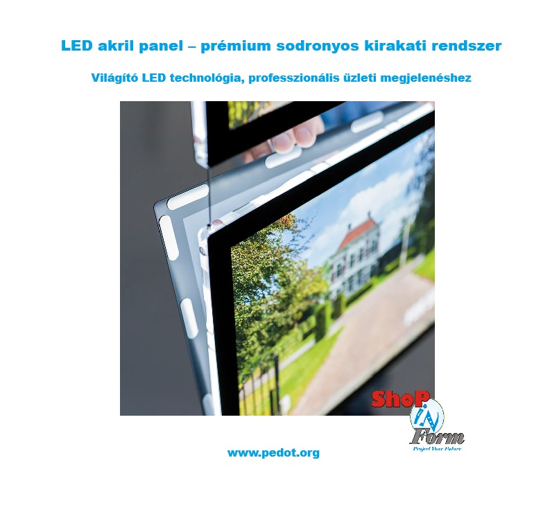 A4 LED akril panel részlet a sodronyos kirakati rendszerből, működés közben világító LED megvilágítással és prémium fém rögzítéssel. A kép a rendszer minőségét, precíz kivitelezését és professzionális LED technológiáját mutatja be üzleti kirakati felhasználásra.
