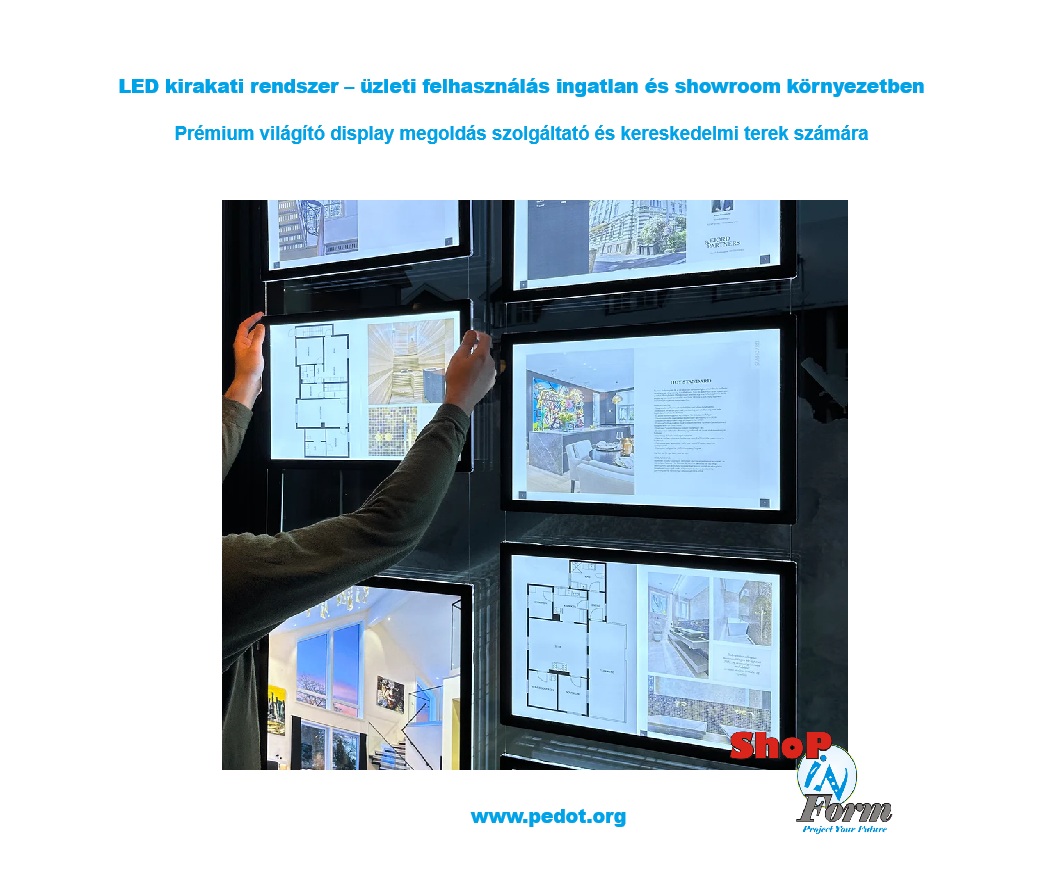 A LED kirakati sodronyos rendszer üzleti felhasználási példája ingatlanirodai és showroom környezetben. A világító A4 LED akril keretek lakásképeket és alaprajzokat jelenítenek meg, bemutatva a rendszer prémium vizuális hatását és hatékony információátadási képességét szolgáltató és kereskedelmi terekben.