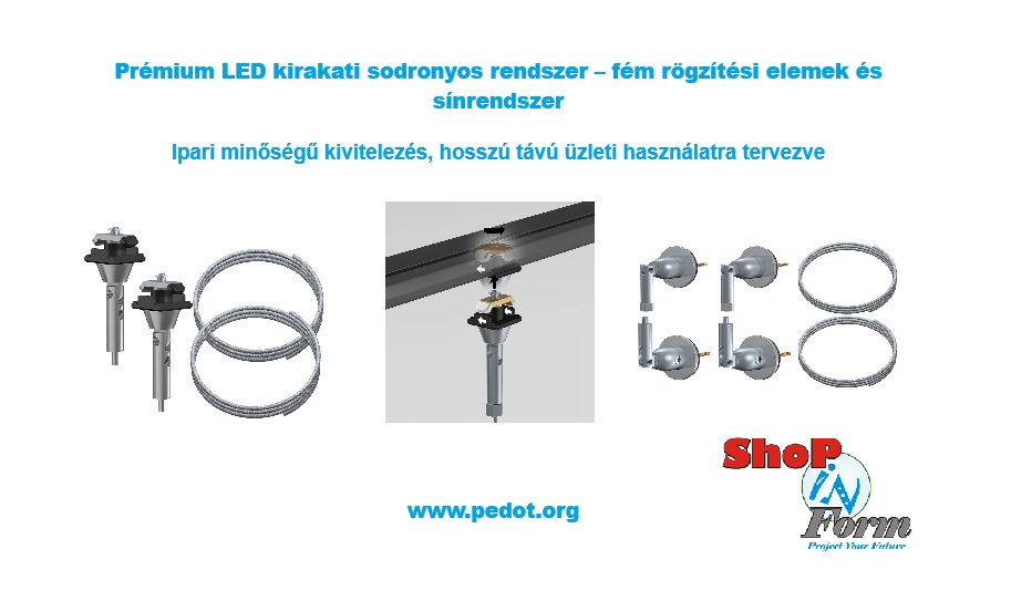 A LED kirakati sodronyos rendszer prémium kivitelű szerelési és rögzítési elemeinek részlete, amely bemutatja a fém sodronyokat, sínrendszert és rögzítő alkatrészeket. A precíz kidolgozás és ipari minőségű anyaghasználat a rendszer stabilitását, hosszú élettartamát és professzionális üzleti felhasználhatóságát biztosítja.