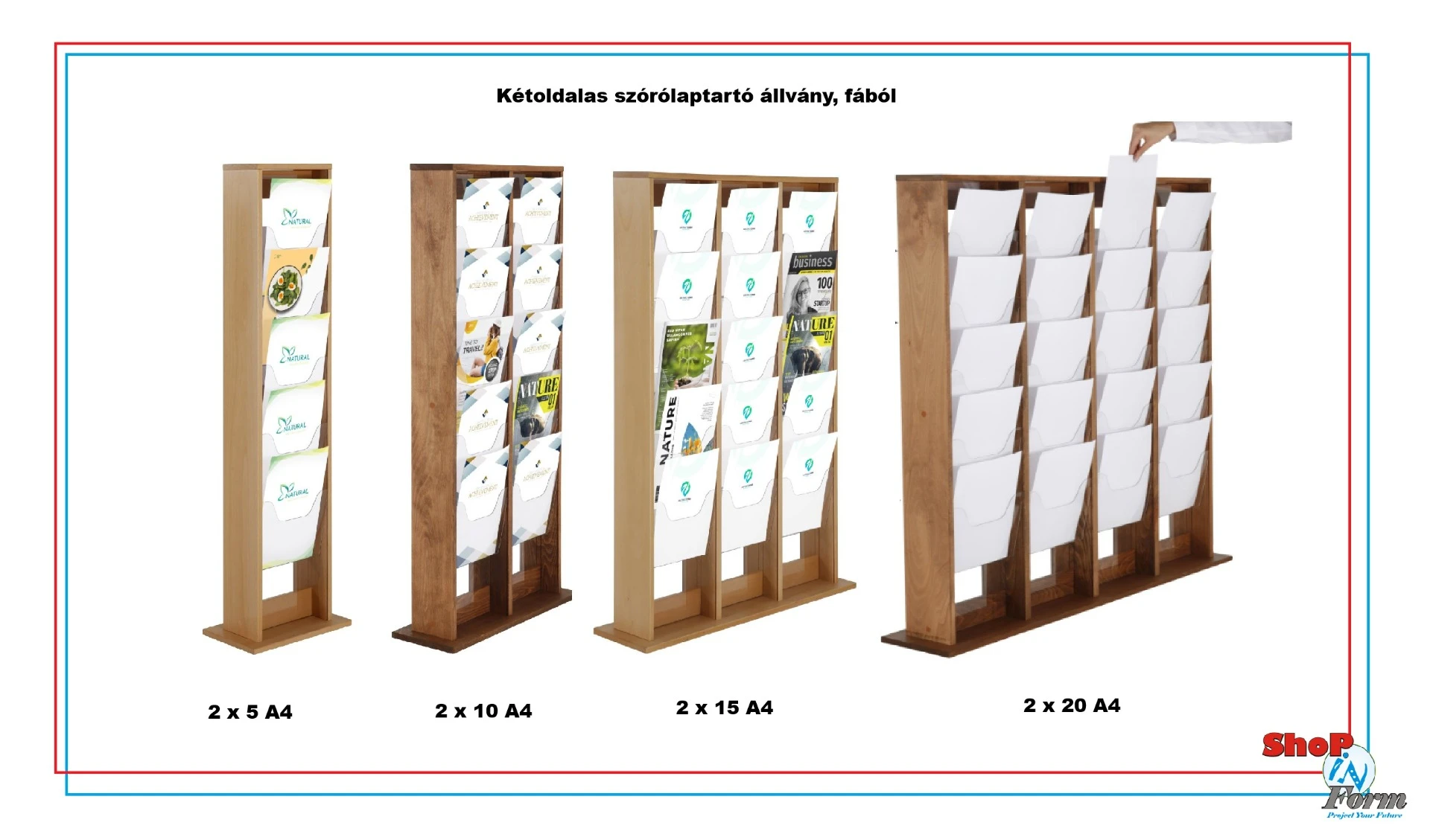 Stabil, öko fa prospektustartó megoldás/ Stable eco wood brochure display solution
