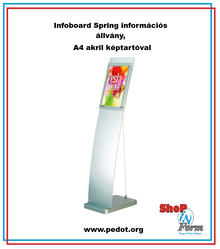 Infoboard Spring exkluzív információs állvány színes grafikával – elegáns, egyedülálló prémium A4 display modern üzleti környezetbe