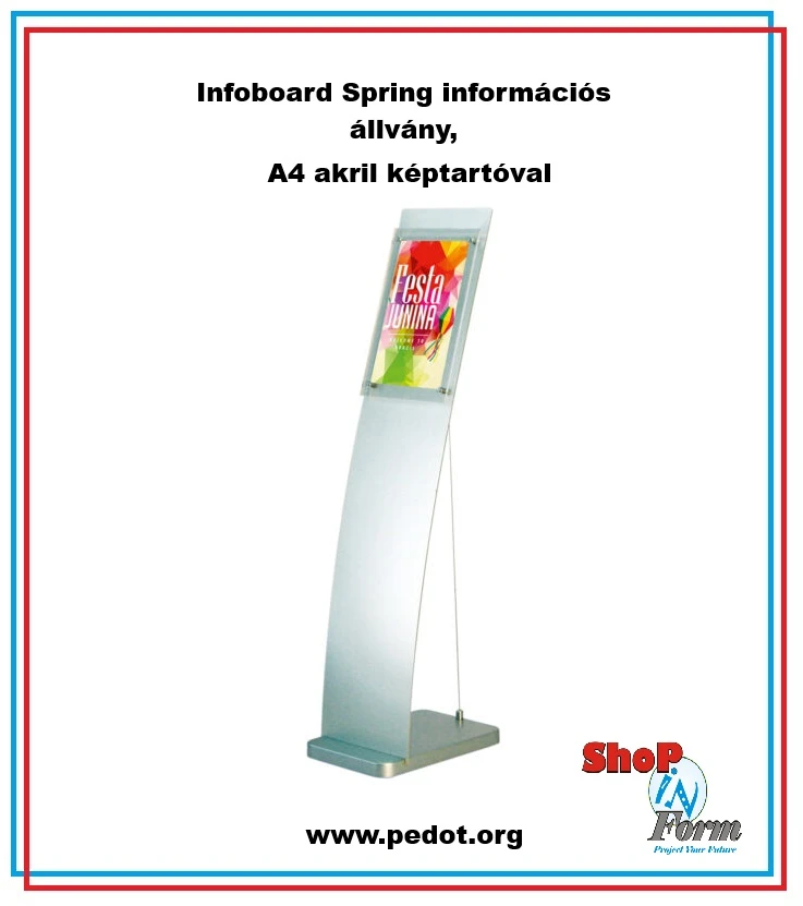 Infoboard Spring exkluzív információs állvány színes grafikával – elegáns, egyedülálló prémium A4 display modern üzleti környezetbe