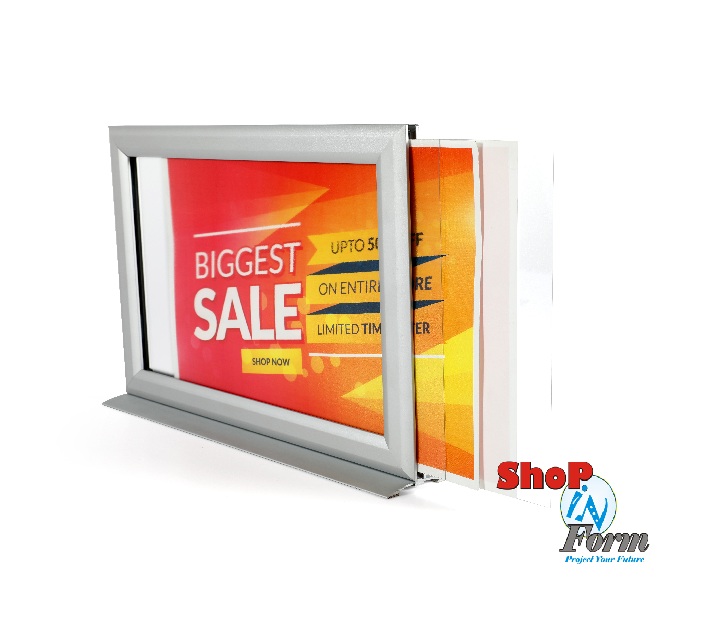 Double-sided aluminium counter poster frame for A5, A4 and A3 posters
