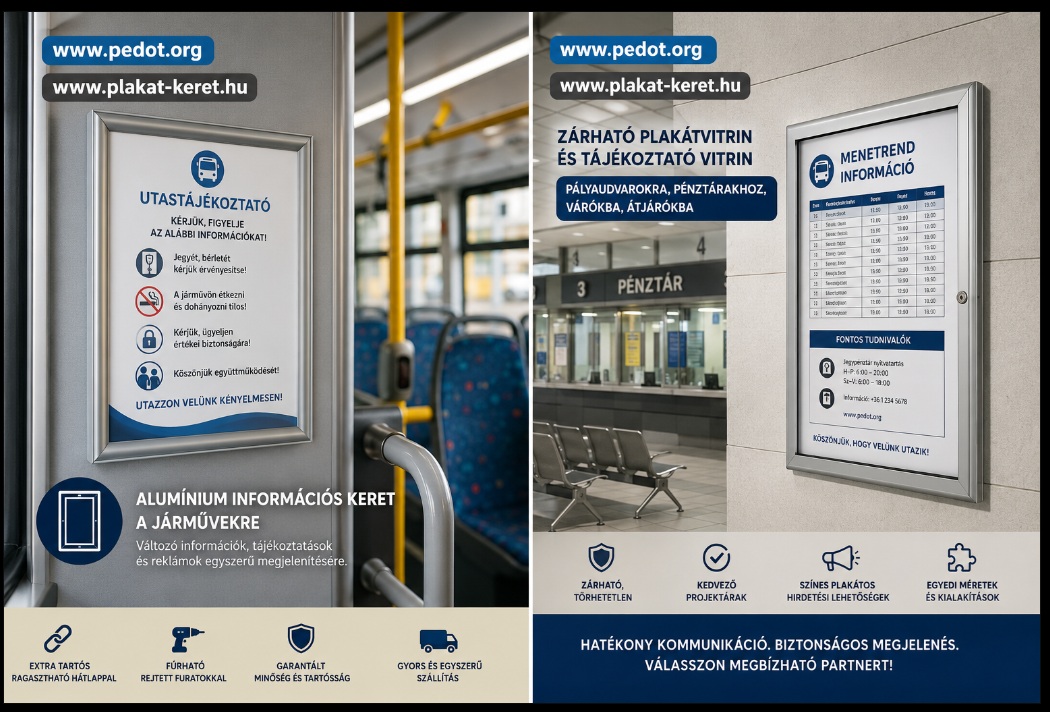Fém információs keretek és plakátok láthatók vasútállomáson, menetrend- és utastájékoztató feliratokkal.
