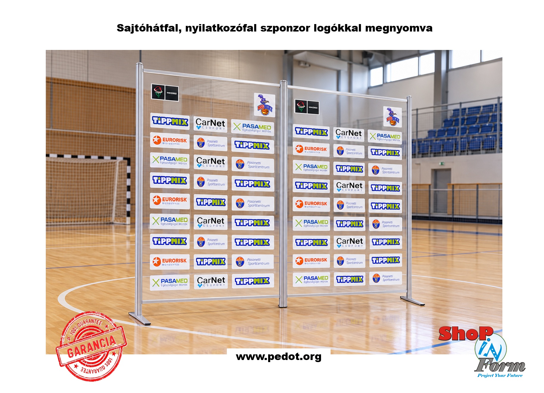 Víztiszta, szponzori logókkal megyomott sajtófal, nyilatkozófal 2000 x 2000 mm