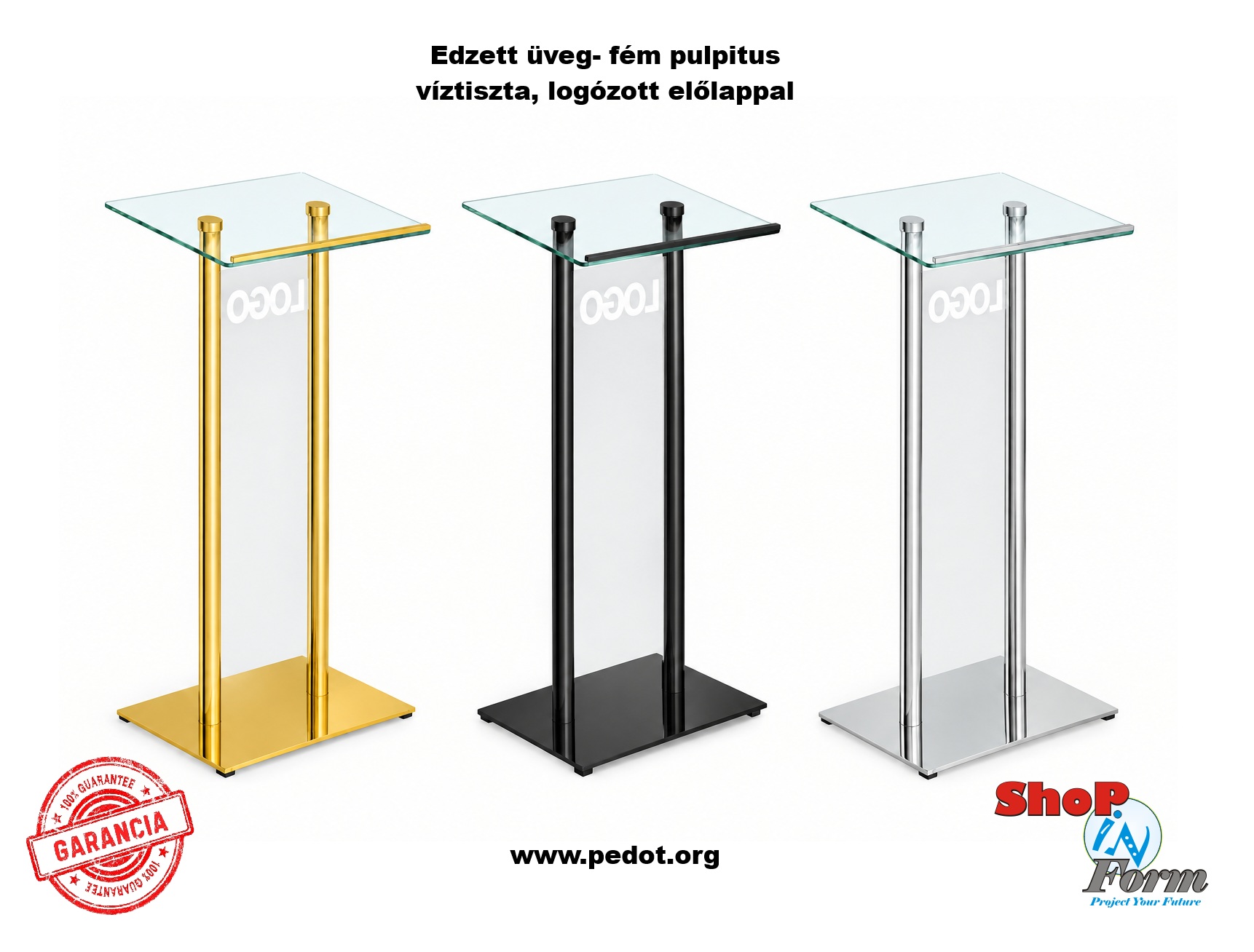 Edzett üveg előadói pulpitus víztiszta előlappal, logózva